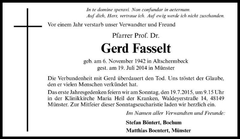 Traueranzeige für Gerd Fasselt vom 11.07.2015 aus Westfälische Nachrichten