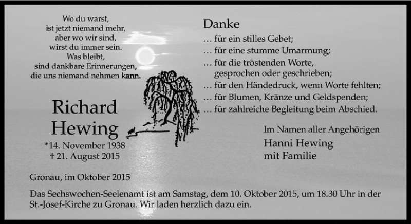  Traueranzeige für Richard Hewing vom 09.10.2015 aus Westfälische Nachrichten