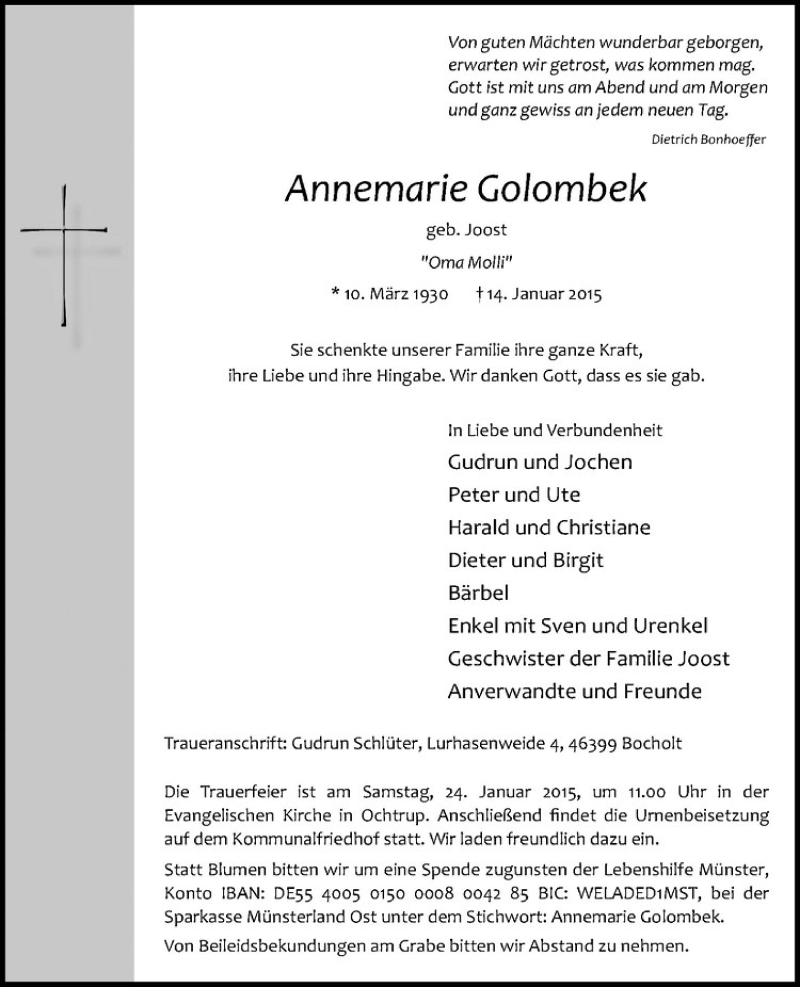  Traueranzeige für Annemarie Golombek vom 17.01.2015 aus Westfälische Nachrichten