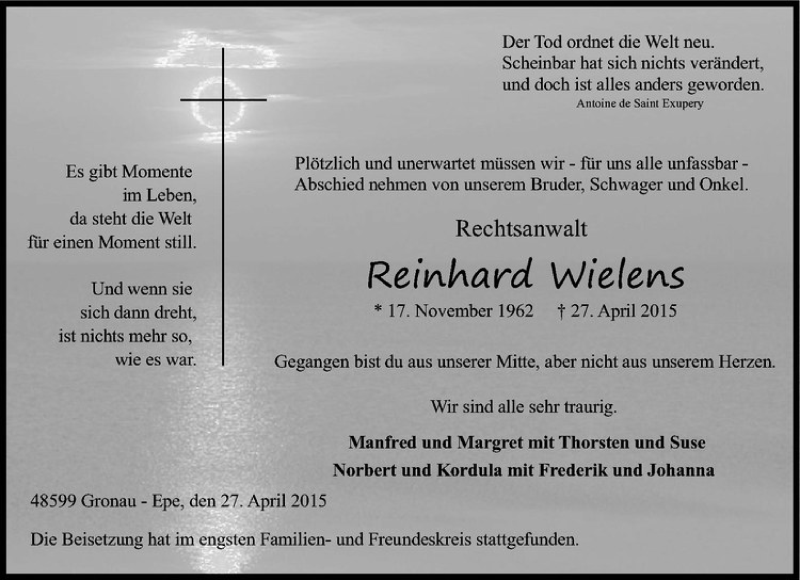  Traueranzeige für Reinhard Wielens vom 06.05.2015 aus Westfälische Nachrichten