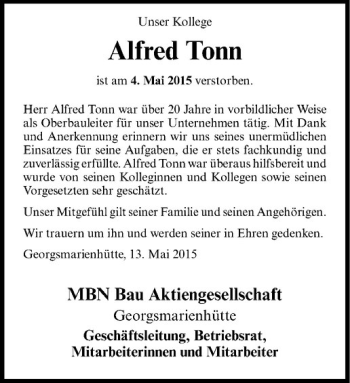Anzeige von Alfred Tonn von Westfälische Nachrichten
