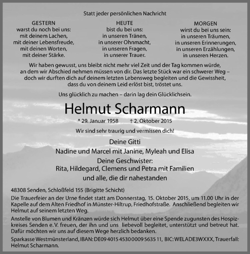  Traueranzeige für Helmut Scharmann vom 10.10.2015 aus Westfälische Nachrichten