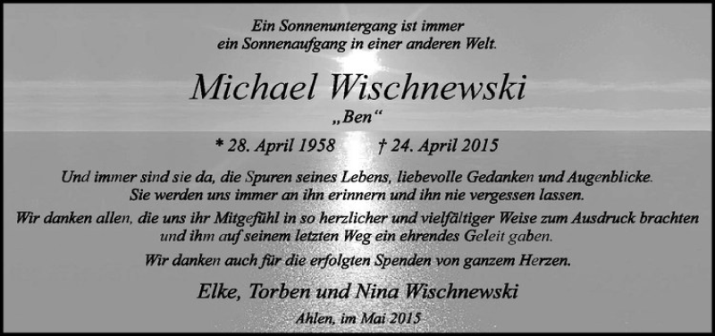  Traueranzeige für Michael Wischnewski vom 29.05.2015 aus Westfälische Nachrichten