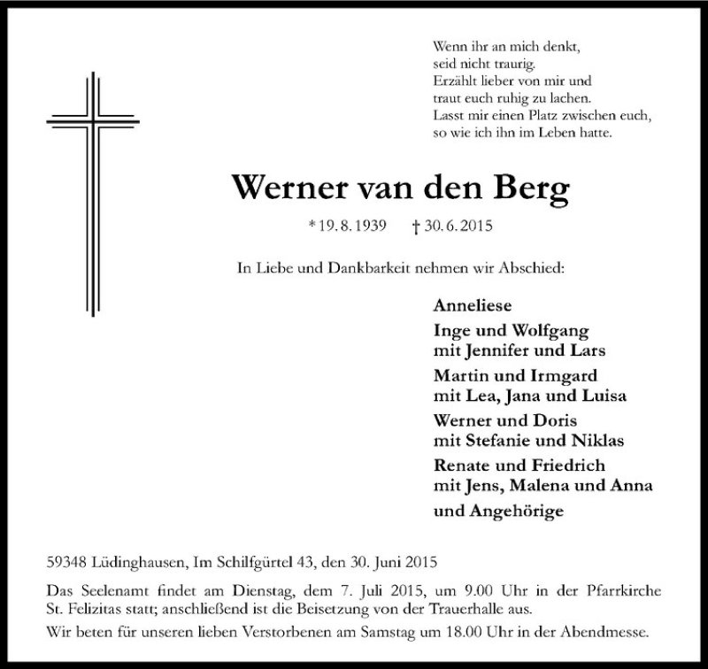  Traueranzeige für Werner van den Berg vom 02.07.2015 aus Westfälische Nachrichten