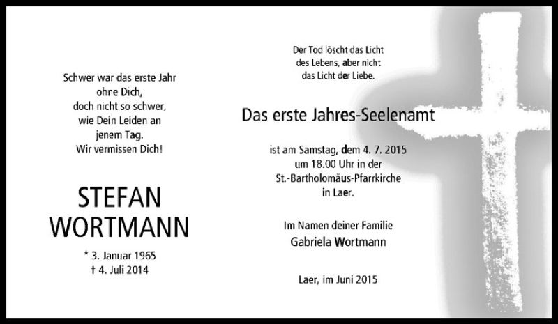  Traueranzeige für Stefan Wortmann vom 01.07.2015 aus Westfälische Nachrichten