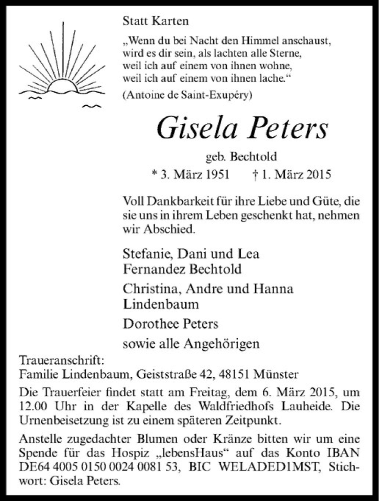  Traueranzeige für Gisela Peters vom 03.03.2015 aus Westfälische Nachrichten