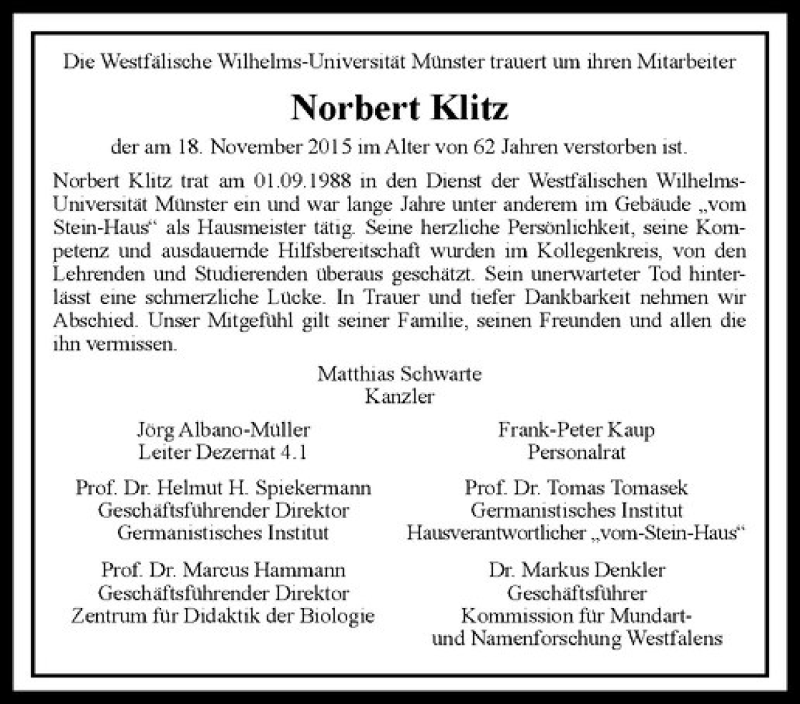  Traueranzeige für Norbert Klitz vom 28.11.2015 aus Westfälische Nachrichten