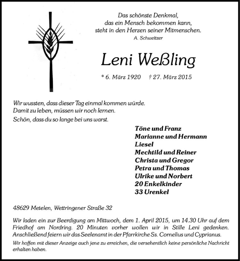  Traueranzeige für Leni Weßling vom 31.03.2015 aus Westfälische Nachrichten