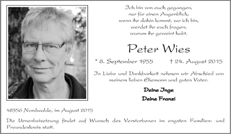  Traueranzeige für Peter Wies vom 29.08.2015 aus Westfälische Nachrichten