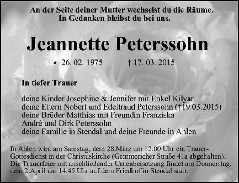  Traueranzeige für Jeannette Peterssohn vom 24.03.2015 aus Westfälische Nachrichten