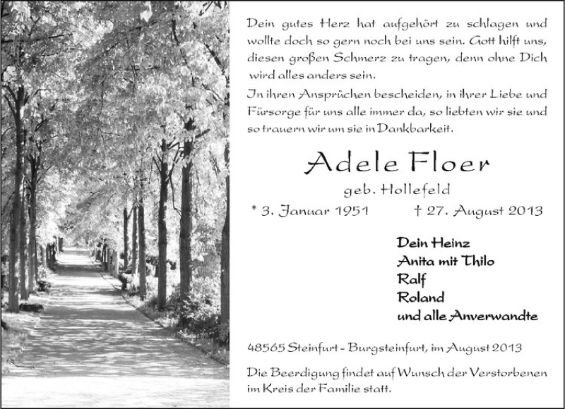  Traueranzeige für Adele Floer vom 31.08.2013 aus Westfälische Nachrichten