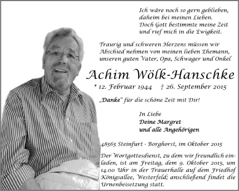  Traueranzeige für Achim Wölk-Hanschke vom 03.10.2015 aus Westfälische Nachrichten