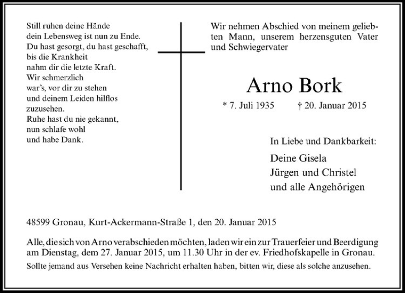  Traueranzeige für Arno Bork vom 23.01.2015 aus Westfälische Nachrichten