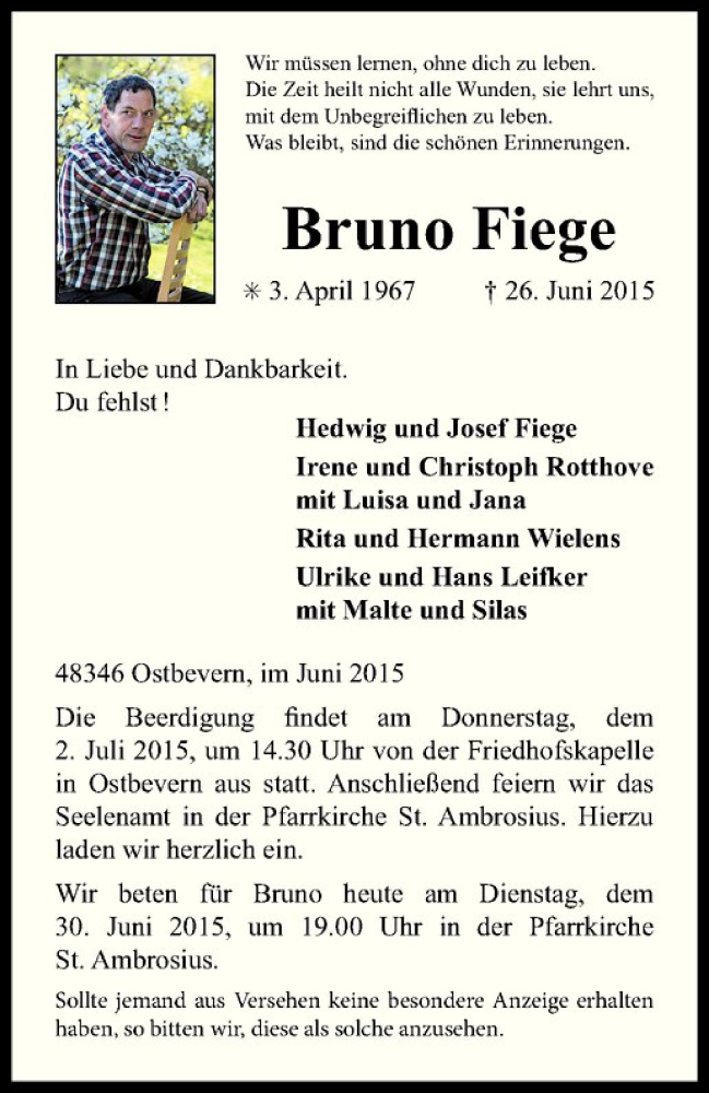  Traueranzeige für Bruno Fiege vom 30.06.2015 aus Westfälische Nachrichten