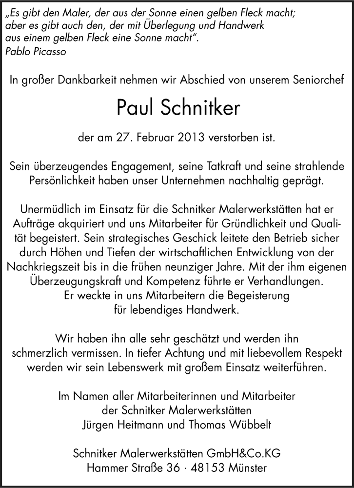  Traueranzeige für Paul Schnitker vom 05.03.2013 aus 