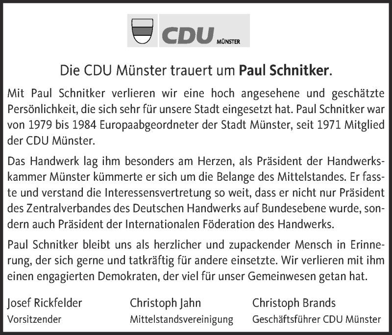  Traueranzeige für Paul Schnitker vom 02.03.2013 aus Münstersche Zeitung und Grevener Zeitung