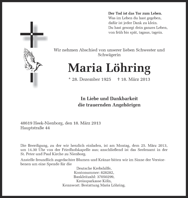  Traueranzeige für Maria Löhring vom 21.03.2013 aus 