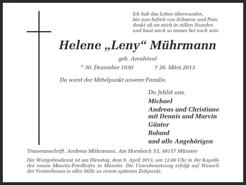  Traueranzeige für Helene Mührmann vom 30.03.2013 aus Münstersche Zeitung und Grevener Zeitung