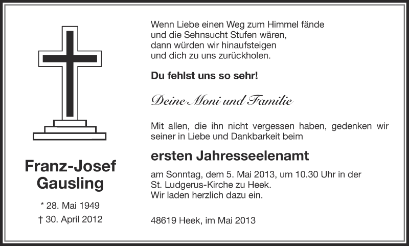  Traueranzeige für Franz-Josef Gausling vom 01.05.2013 aus Münstersche Zeitung und Münsterland Zeitung