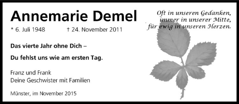  Traueranzeige für Annemarie Demel vom 21.11.2015 aus Westfälische Nachrichten