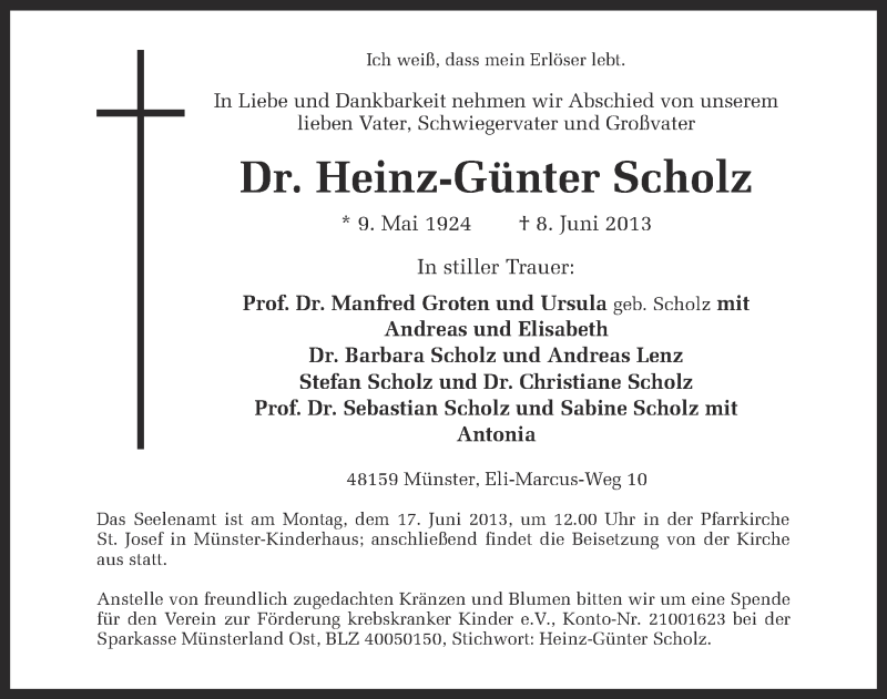  Traueranzeige für Heinz-Günter Scholz vom 12.06.2013 aus Münstersche Zeitung und Grevener Zeitung