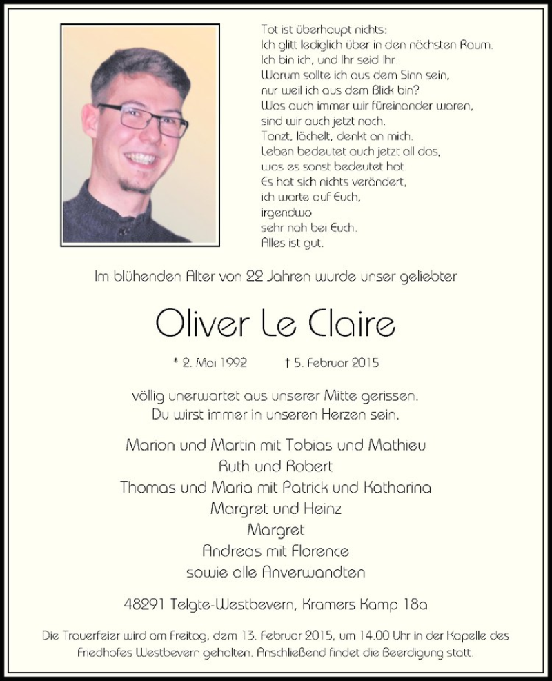  Traueranzeige für Oliver Le Claire vom 11.02.2015 aus Westfälische Nachrichten