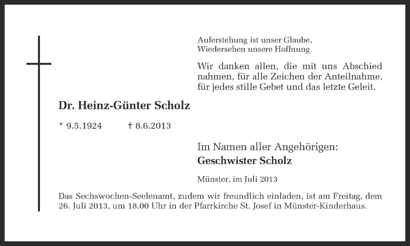  Traueranzeige für Heinz-Günter Scholz vom 20.07.2013 aus Münstersche Zeitung und Grevener Zeitung