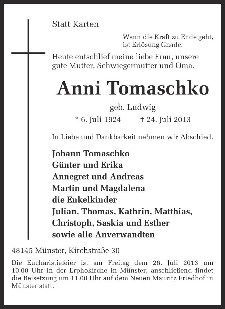  Traueranzeige für Anni Tomaschko vom 25.07.2013 aus Münstersche Zeitung und Grevener Zeitung