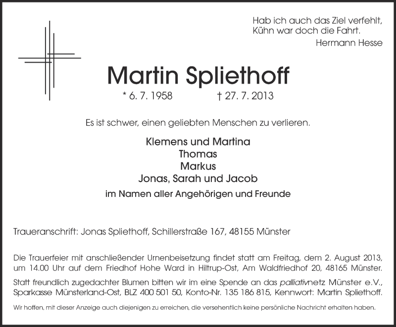  Traueranzeige für Martin Spliethoff vom 31.07.2013 aus Münstersche Zeitung und Grevener Zeitung