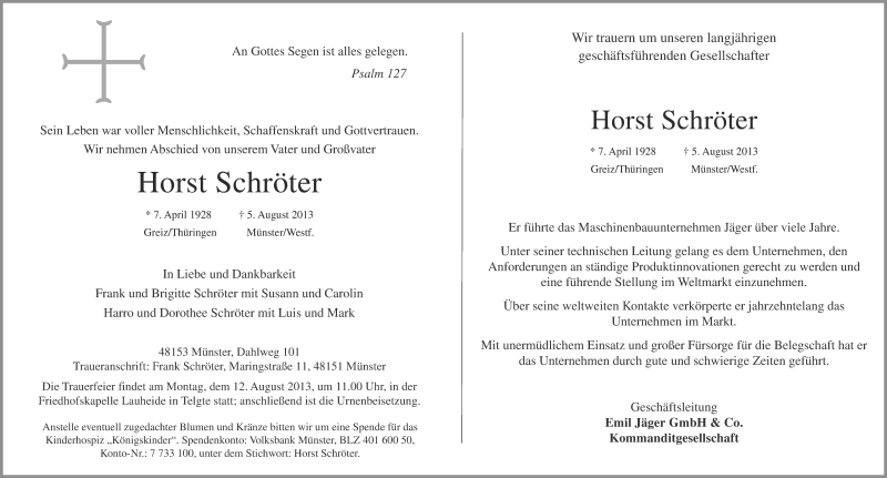  Traueranzeige für Horst Schröter vom 10.08.2013 aus Münstersche Zeitung und Grevener Zeitung