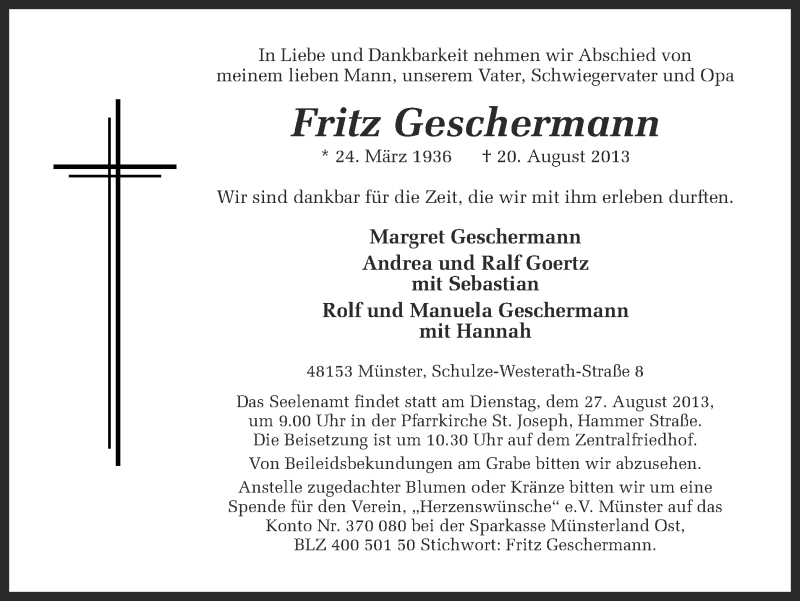  Traueranzeige für Fritz Geschermann vom 24.08.2013 aus Münstersche Zeitung und Grevener Zeitung