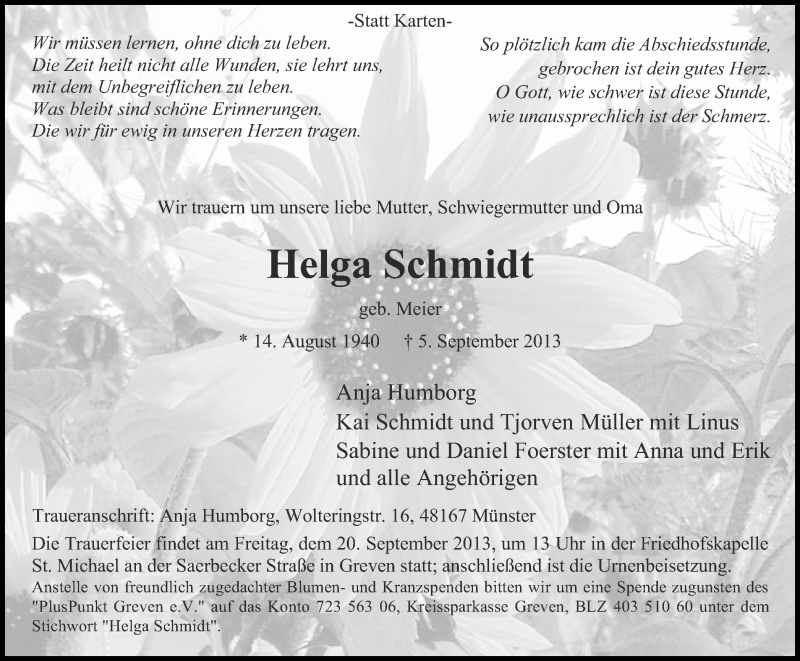  Traueranzeige für Helga Schmidt vom 11.09.2013 aus Münstersche Zeitung und Grevener Zeitung
