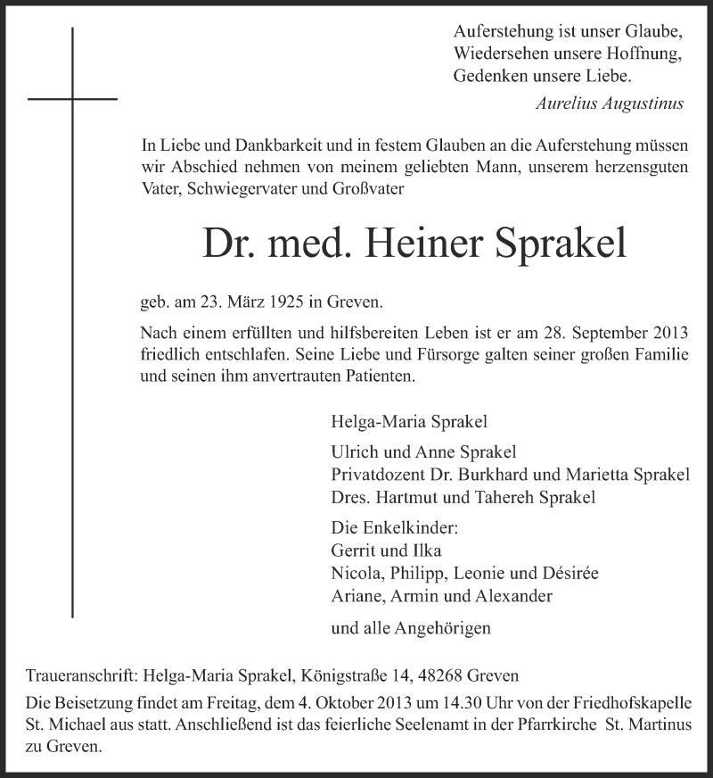 Traueranzeige für Heiner Sprakel vom 02.10.2013 aus Münstersche Zeitung und Grevener Zeitung