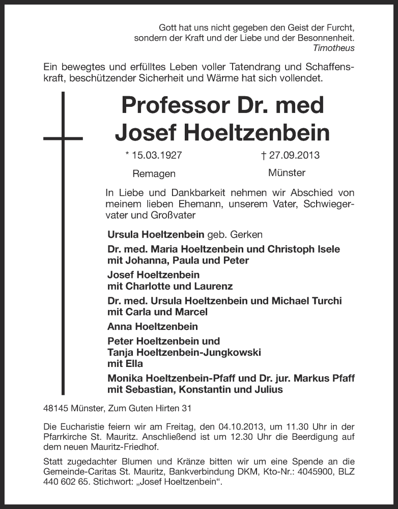  Traueranzeige für Josef Hoeltzenbein vom 02.10.2013 aus Münstersche Zeitung und Grevener Zeitung
