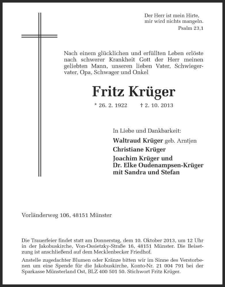  Traueranzeige für Fritz Krüger vom 05.10.2013 aus Münstersche Zeitung und Grevener Zeitung