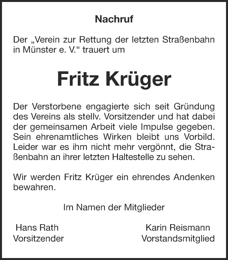  Traueranzeige für Fritz Krüger vom 09.10.2013 aus Münstersche Zeitung und Grevener Zeitung