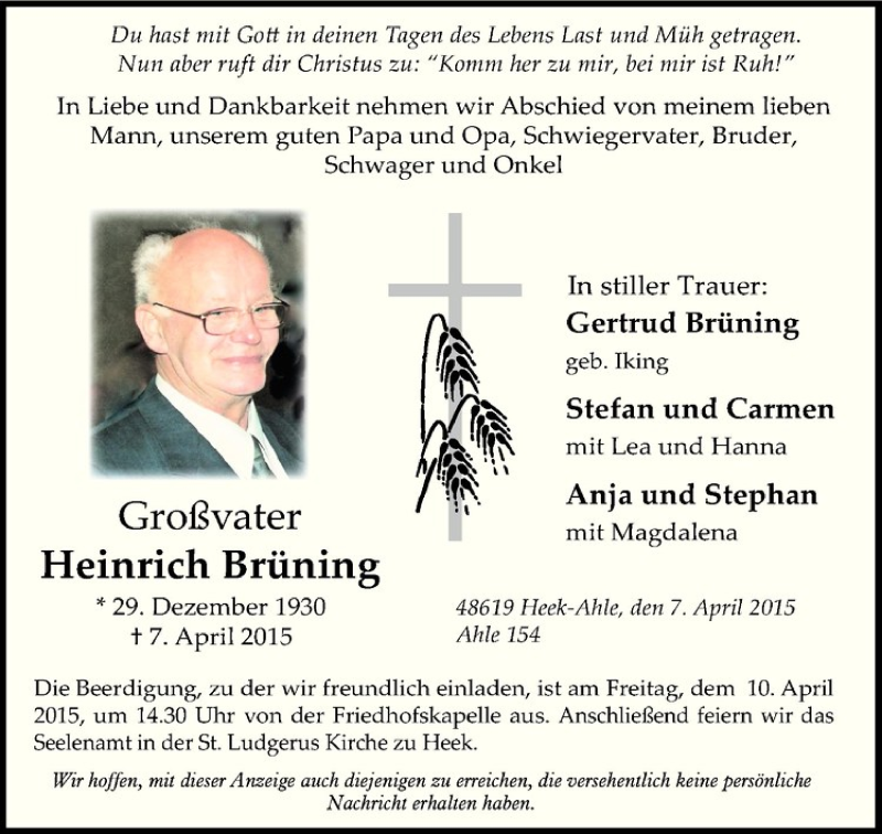  Traueranzeige für Heinrich Brüning vom 09.04.2015 aus Westfälische Nachrichten