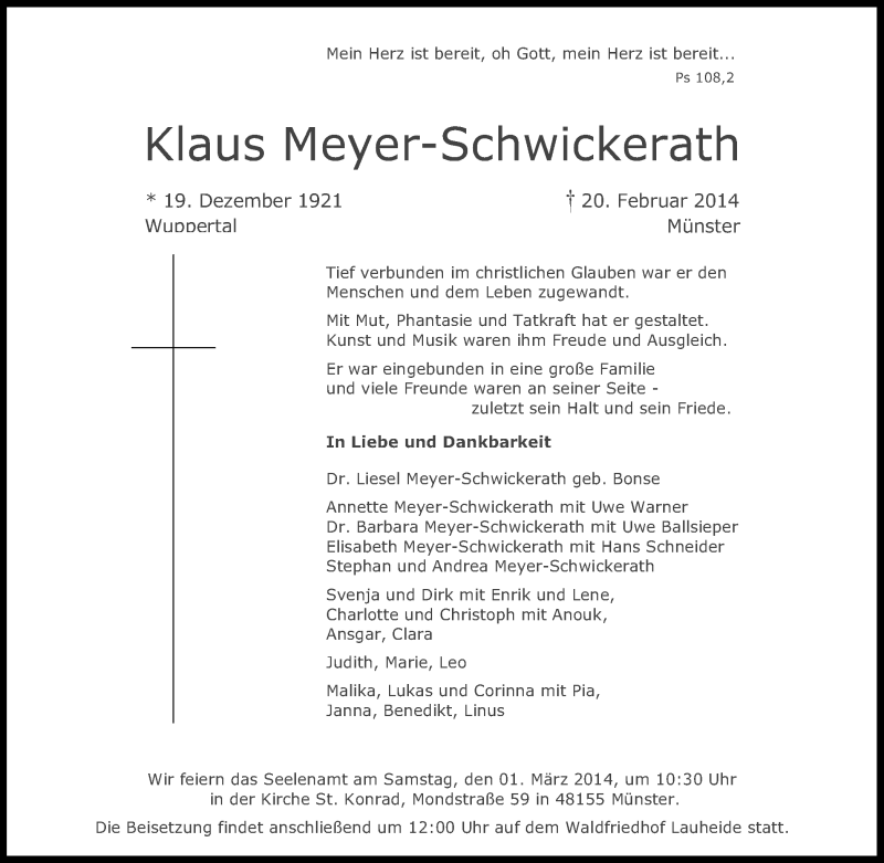  Traueranzeige für Klaus Meyer-Schwickerath vom 26.02.2014 aus Münstersche Zeitung und Grevener Zeitung