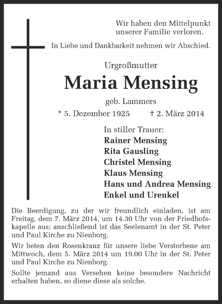  Traueranzeige für Maria Mensing vom 05.03.2014 aus Münstersche Zeitung und Münsterland Zeitung