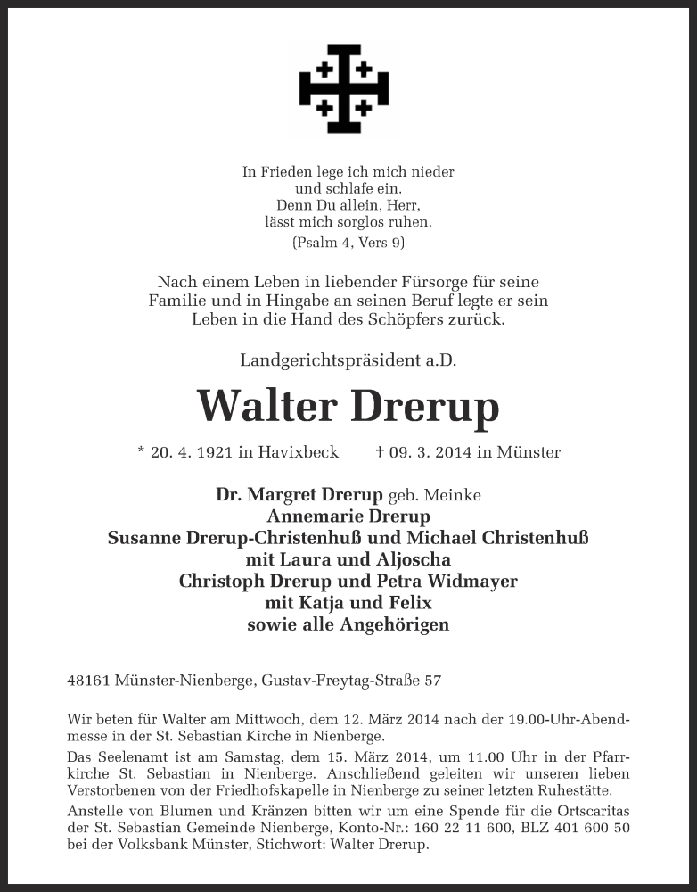  Traueranzeige für Walter Drerup vom 12.03.2014 aus Münstersche Zeitung und Grevener Zeitung