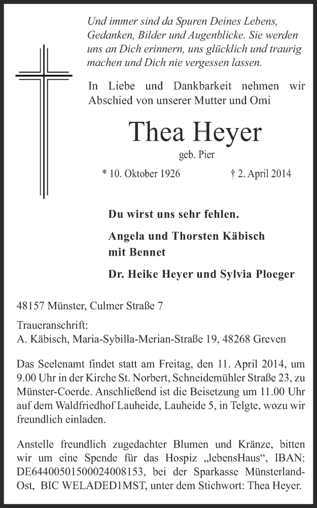  Traueranzeige für Thea Heyer vom 09.04.2014 aus Münstersche Zeitung und Grevener Zeitung