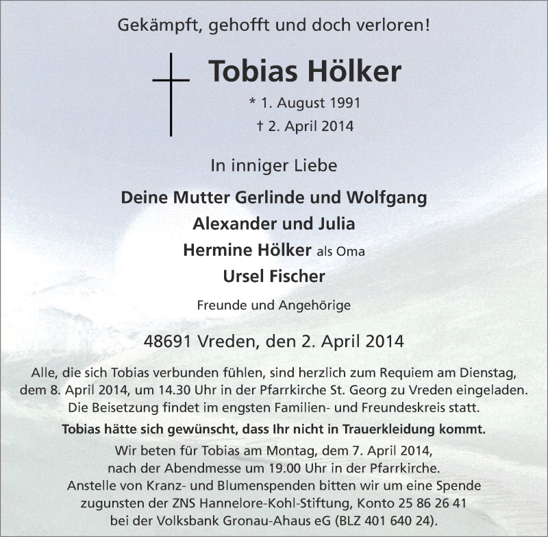  Traueranzeige für Tobias Hölker vom 05.04.2014 aus Münstersche Zeitung und Münsterland Zeitung