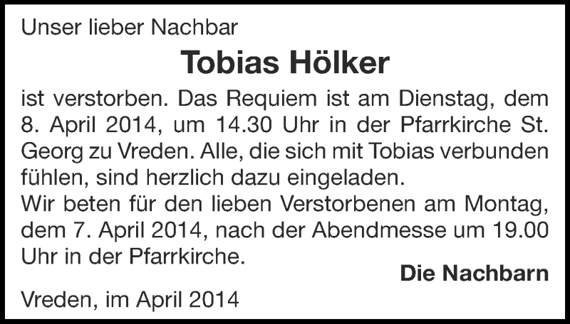  Traueranzeige für Tobias Hölker vom 05.04.2014 aus Münstersche Zeitung und Münsterland Zeitung