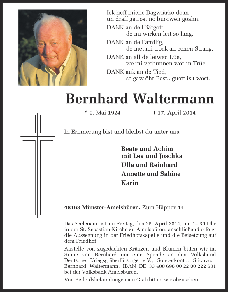  Traueranzeige für Bernhard Waltermann vom 22.04.2014 aus Münstersche Zeitung und Grevener Zeitung