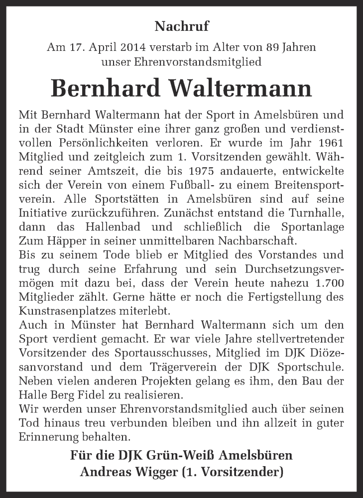  Traueranzeige für Bernhard Waltermann vom 24.04.2014 aus Münstersche Zeitung und Grevener Zeitung