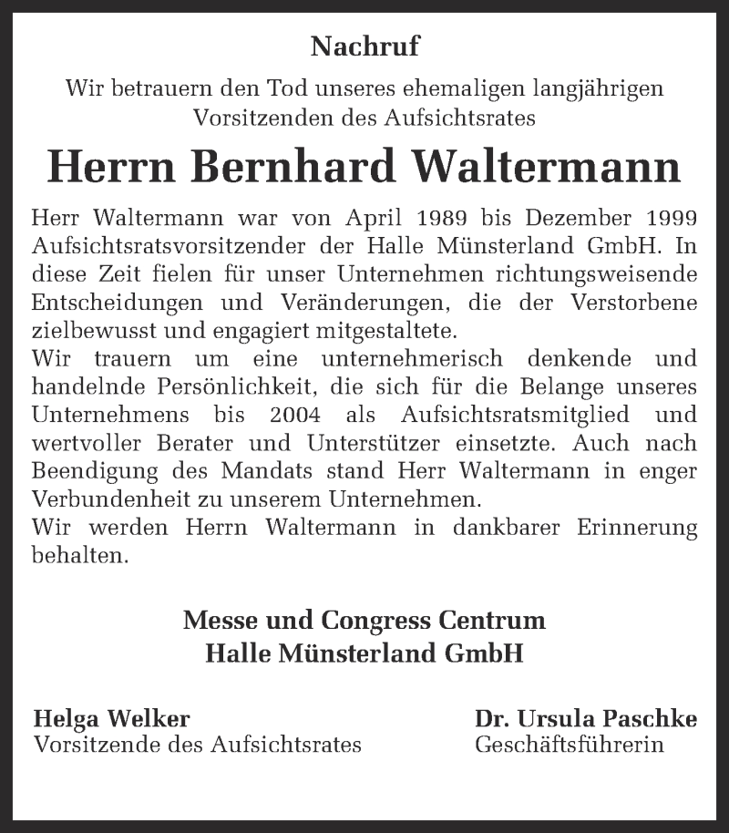  Traueranzeige für Bernhard Waltermann vom 26.04.2014 aus Münstersche Zeitung und Grevener Zeitung
