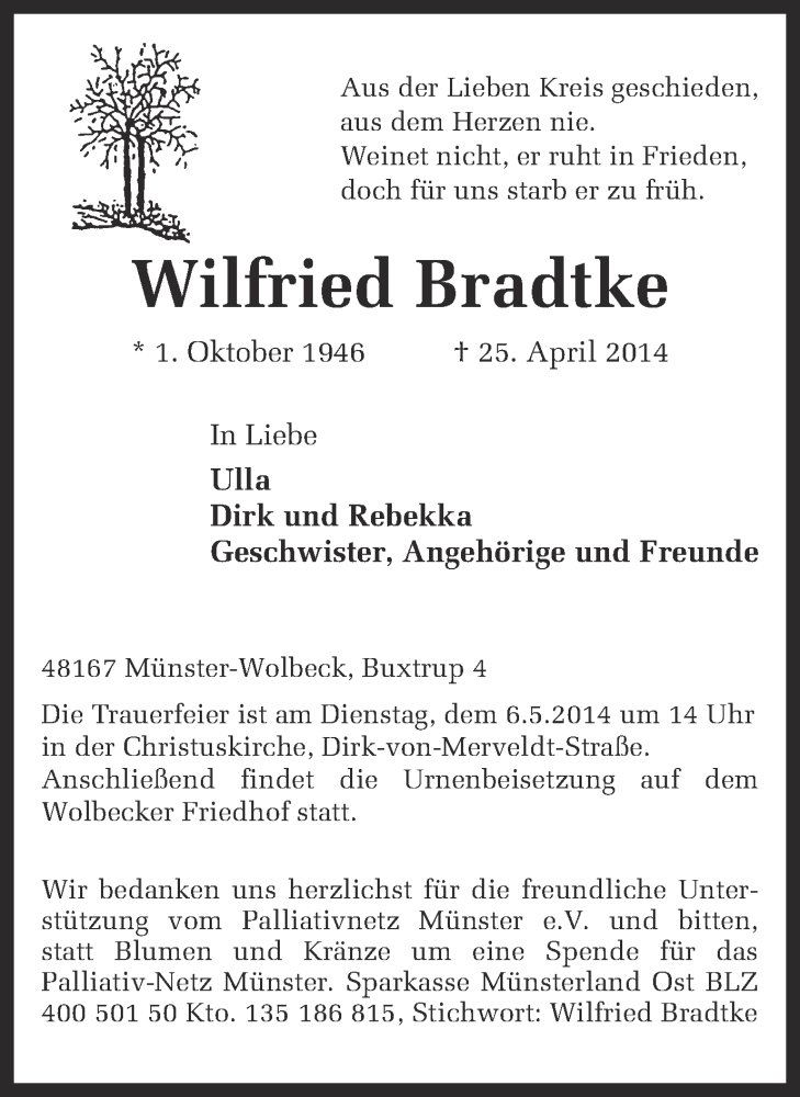  Traueranzeige für Wilfried Bradtke vom 29.04.2014 aus Münstersche Zeitung und Grevener Zeitung