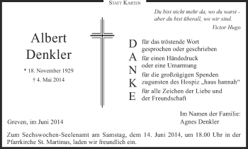 Anzeige von Albert Denkler von Münstersche Zeitung und Grevener Zeitung