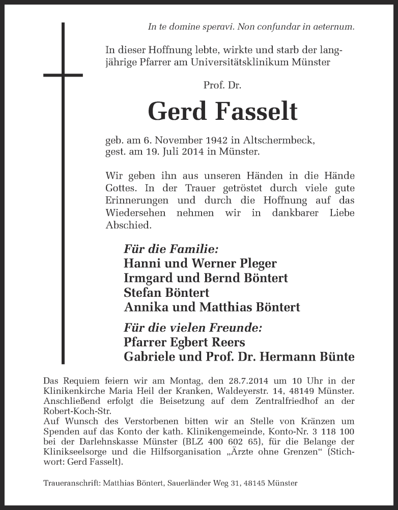  Traueranzeige für Gerd Fasselt vom 24.07.2014 aus 
