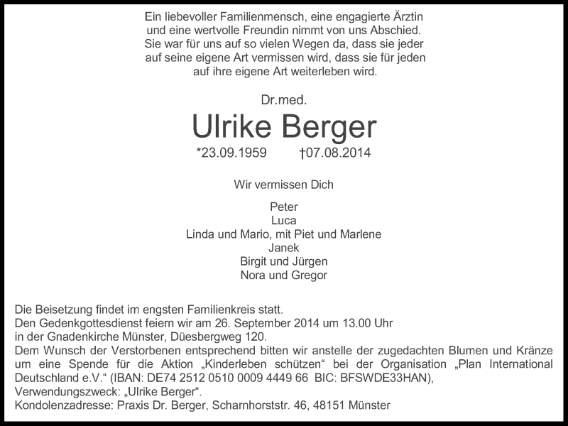  Traueranzeige für Ulrike Berger vom 13.08.2014 aus Münstersche Zeitung und Grevener Zeitung